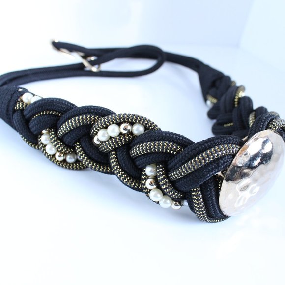 Vintage 80's Black Braided Cord With Gold Tone Hardware Faux Pearls ~S~ - Picture 2 of 5